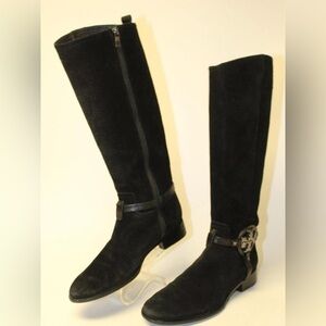 Tory Burch Black Suede T-Lock Over-the-Knee Boots with Logo Buckle